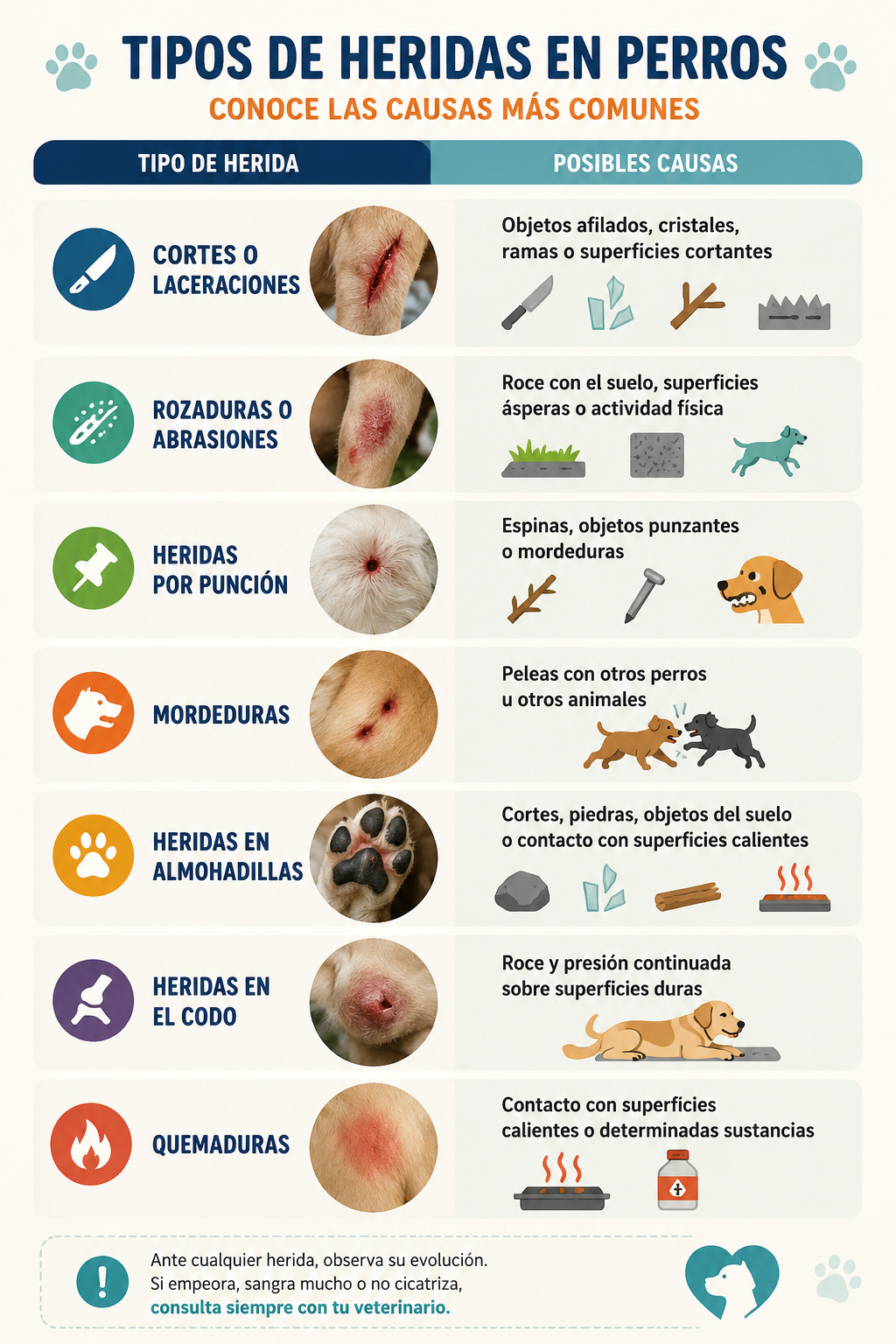 Infografía de los tipos de heridas en perros